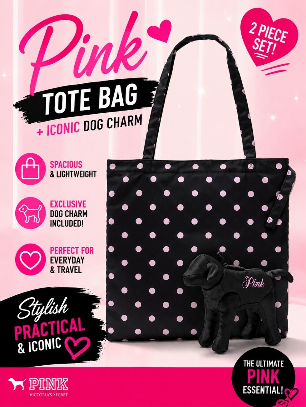 PINK VICTORIA'S SECRET Fold And Pack Dot Tote Bag